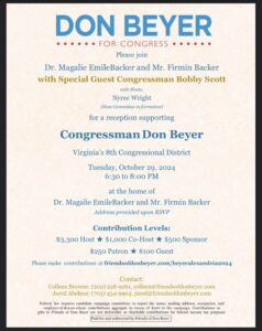 Fundraiser for Congressman Don Beyer, with Special Guest Congressman Bobby Scott @ Address provided upon RSVP