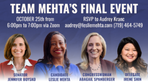 Virtual Fundraiser for Leslie Mehta with Congresswoman Abigail Spanberger,  Senator Jennifer Boysko, and Delegate Irene Shin @ Virtual by Zoom