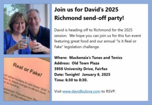 Del. David Bulova's 2025 Richmond Send Off Party @ Mackenzie's Tunes & Tonics - Old Town Plaza (Ste 210)